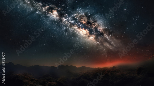 Starry colorful milky way in the night sky with red color in the mountains. Universe and the cosmic background. Generative AI.