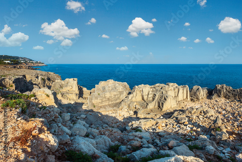 Rocky coast near Porto Miggiano Beach (Grotta delle Ancore) in Santa Cesarea Terme, Salento Adriatic sea coast, Puglia, Italy
