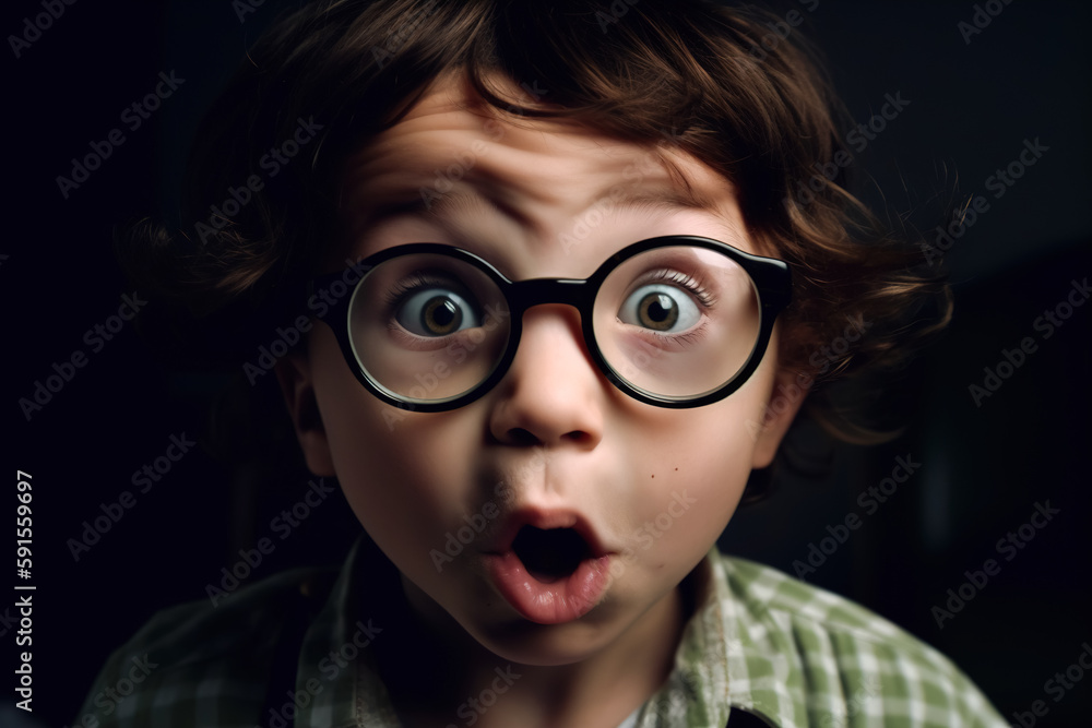 A surprised boy with glasses makes a strange expression of satisfaction, big eyes and an open mouth. Surprise, happiness and amazement concept. generative ai