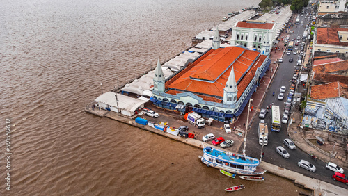 Paisagem Cidade Amazônia Beira Rio Belém Pará Ver o Peso Mercado Peixe Pescador Pesca Municipal Centro Feira Livre Artesanato Aéreo Drone Água Amazonas Belem Para Prédios Cultura Ver-o-Peso Barcos photo