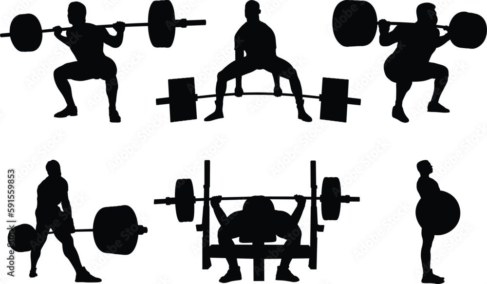 set male powerlifters athletes powerlifting black silhouette, exercise