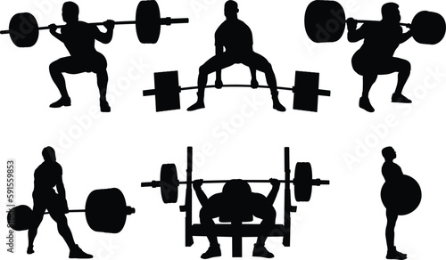 set male powerlifters athletes powerlifting black silhouette, exercise: deadlift, bench press, squat