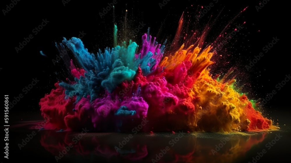 Abstract background with powder explosion of rainbow colors dust with splashing drops. Bright wallpaper with colorful bomb blast effect. Horizontal illustration for banner design. Generative AI.
