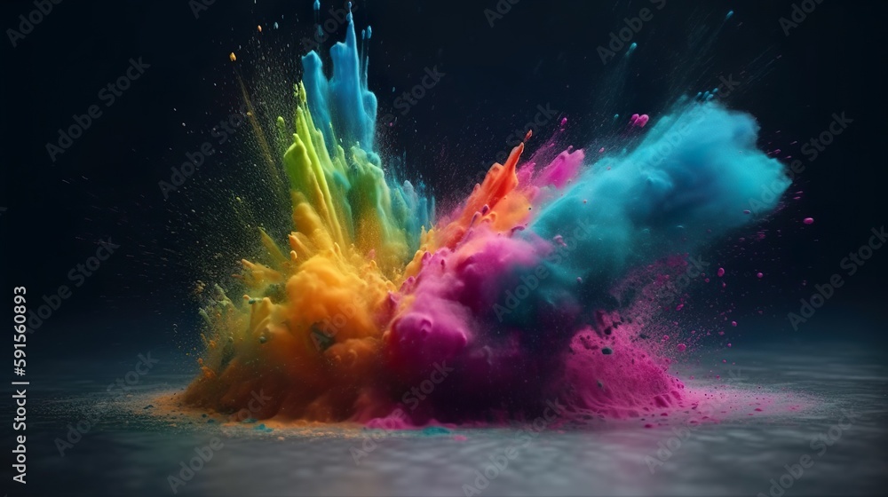 Abstract background with powder explosion of rainbow colors. Dust explode with splashing drops. Bright wallpaper with holi bomb blast effect. Horizontal illustration for banner design. Generative AI.