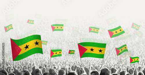 Abstract crowd with flag of Sao Tome and Principe. Peoples protest, revolution, strike and demonstration with flag of Sao Tome and Principe.