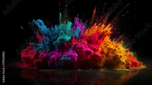 Abstract background with powder explosion of rainbow colors dust with splashing drops. Bright wallpaper with colorful bomb blast effect. Horizontal illustration for banner design. Generative AI.