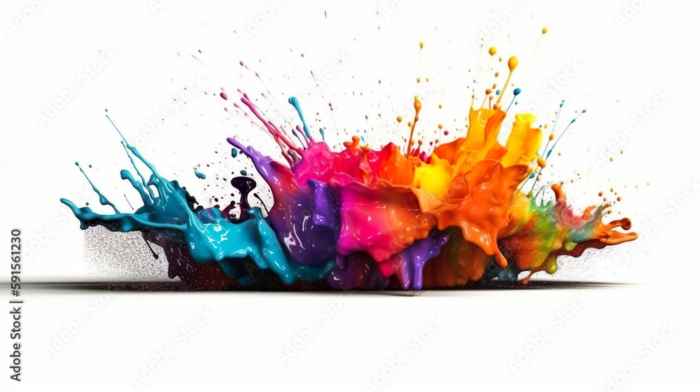 Abstract background with colorful acrylic paint explosion and liquid motion with splashing drops. Blast with spray effect wallpaper template. Horizontal illustration for banner design. Generative AI.