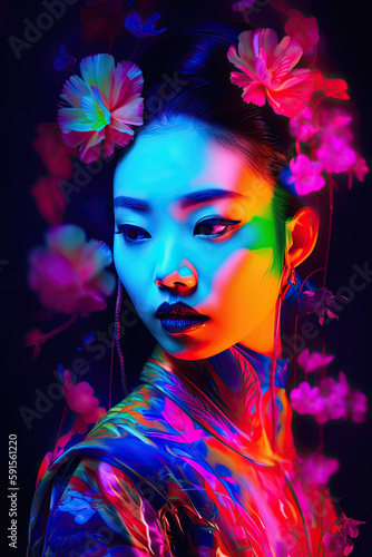 Asian woman with flowers, Generative AI