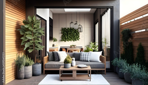 Backyard outdoor contemporary lounge. There are plants  a wooden table and wall  plus a sofa  armchair  and lanterns in the terrace house for house advertising and background Generative AI