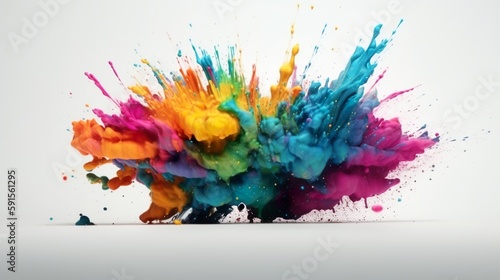 Abstract background with colorful acrylic paint explosion. Smooth waves of liquid motion with splashing drops. Blast with spray wallpaper. Horizontal illustration for banner design. Generative AI.