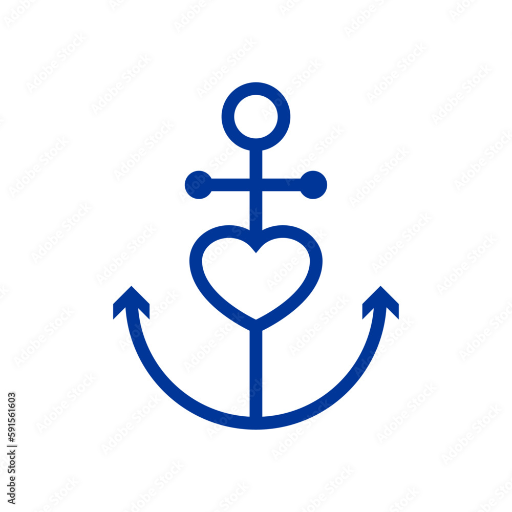 Logo Nautical. Love anchor. Ancla de barco lineal con corazón