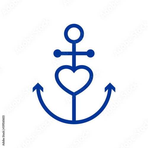 Logo Nautical. Love anchor. Ancla de barco lineal con corazón color azul marino