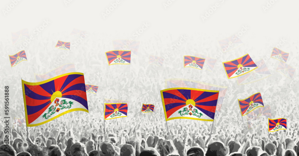 Abstract crowd with flag of Tibet. Peoples protest, revolution, strike and demonstration with flag of Tibet.