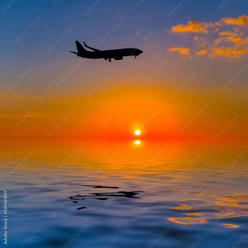 aircraft silhouette flying over water at the sunset, air transportation background aircraft silhouette flying over water at the sunset, air transportation background