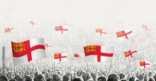 Abstract crowd with flag of Sark. Peoples protest, revolution, strike and demonstration with flag of Sark.