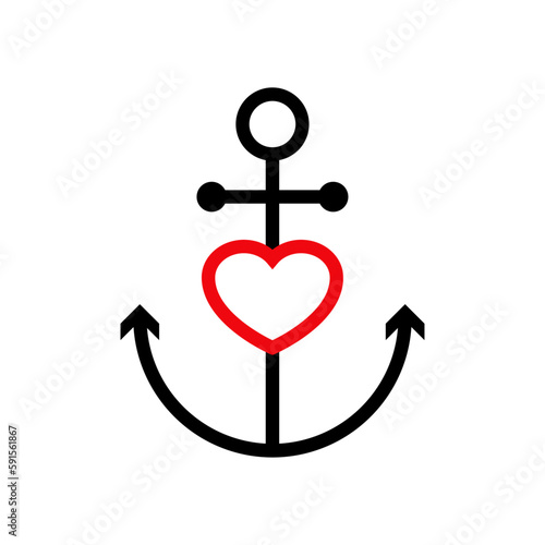 Logo Nautical. Love anchor. Ancla de barco lineal con corazón color rojo