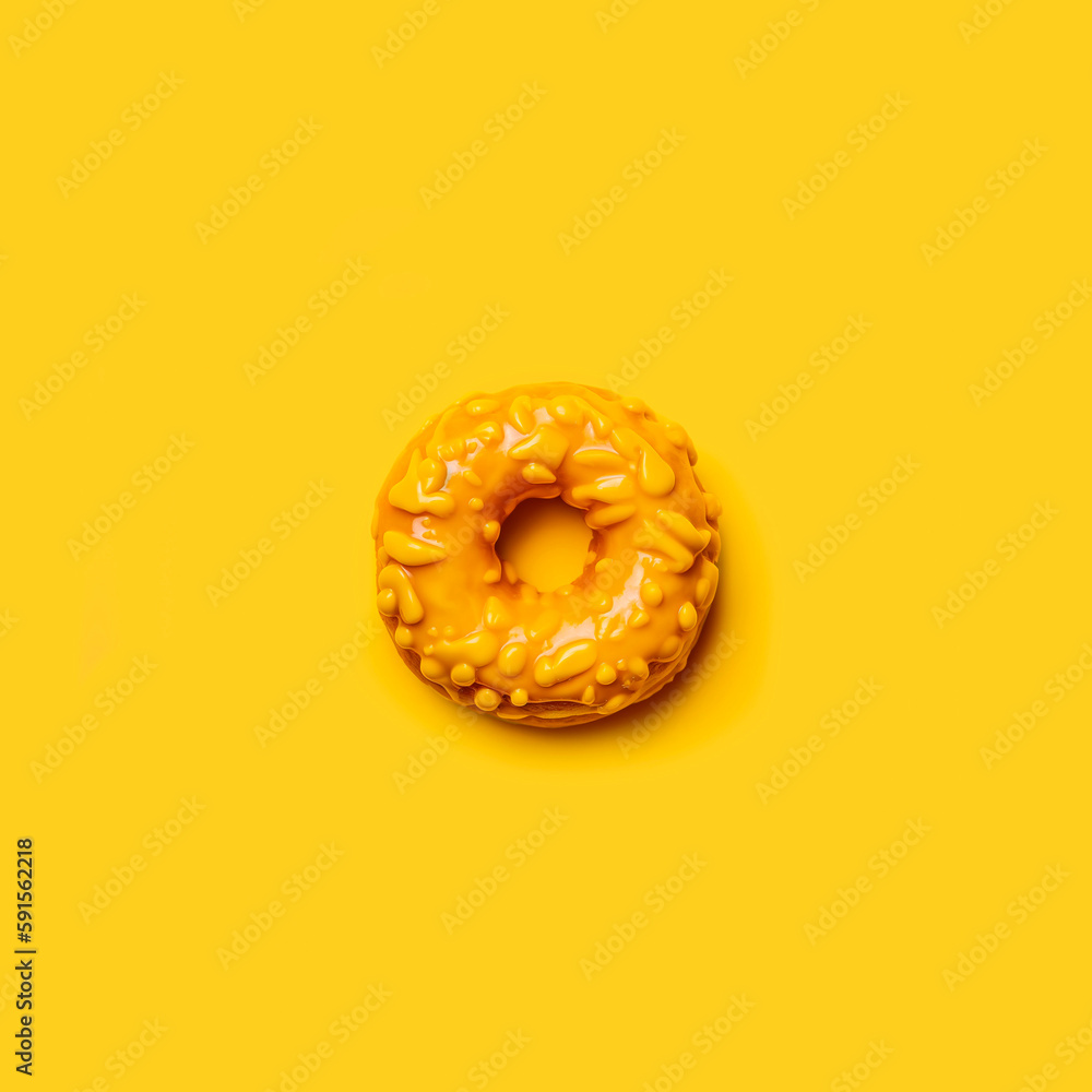 Glazed donut on a yellow background. Generative AI