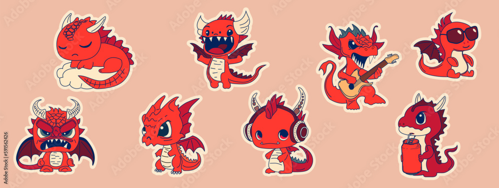 Set of Vector Stock Illustration isolated Emoji characters cartoon dragon  dinosaur laughs sticker emoticon for site, info graphics, video, animation,  websites, mail, newsletters, reports, comic Stock Vector