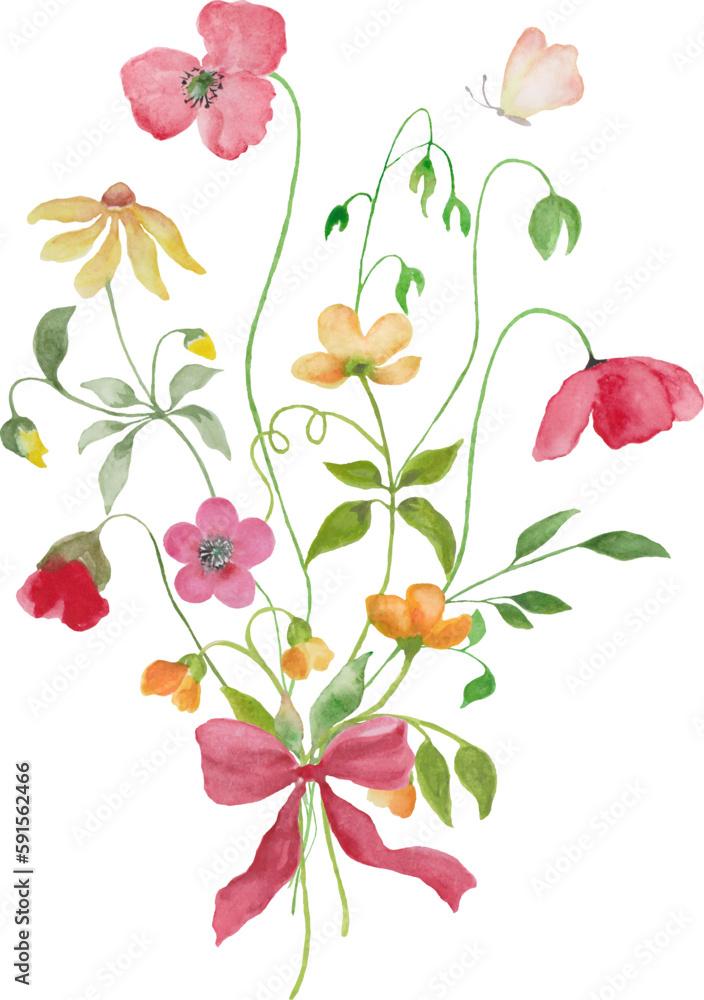 Watercolor wildflowers bouquet. Floral design for greeting cards, invitations. Hand drawn illustration isolated on white background. Vector EPS.
