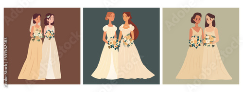 Set of three Lesbian couple marriage. Homosexual wedding. Brides in dress LGBT newlyweds. Flat vector illustration isolated background	