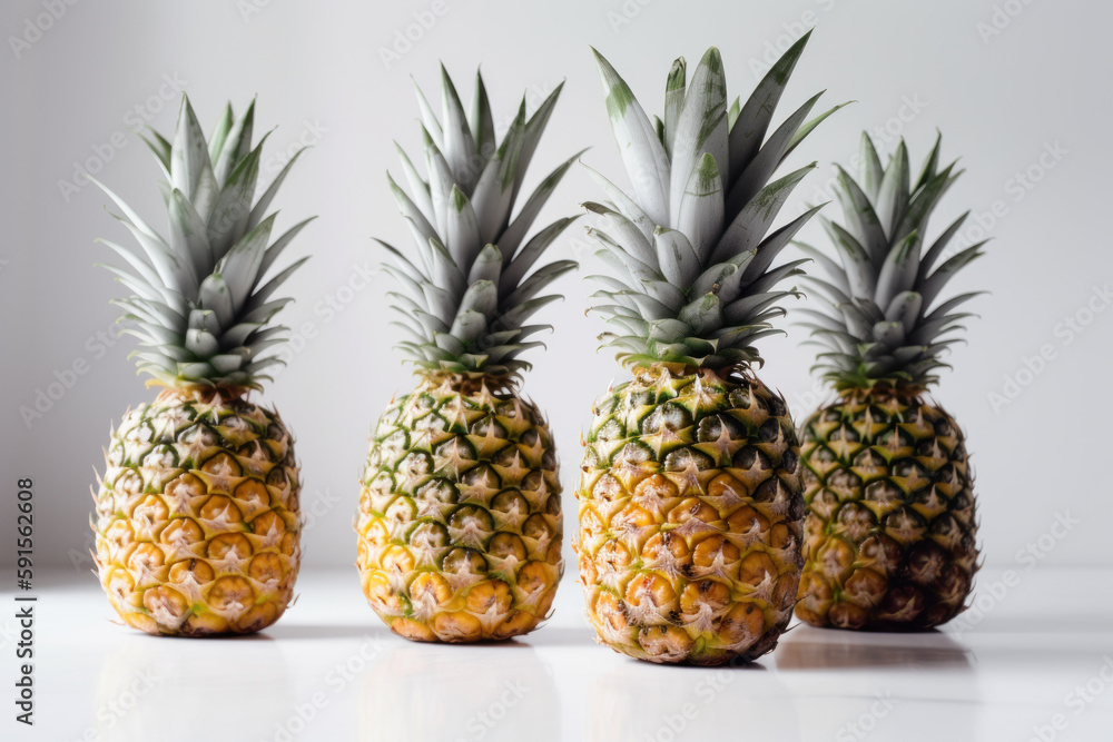 Pineapple, ananas, Multiple pineapples on a white background, generative ai, Fresh tasty fruit Pineapple, ananas, Multiple pineapples on a white background, generative ai, Fresh tasty fruit