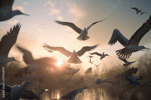 A detailed illustration of a group of birds in flight, Generative AI © Italo