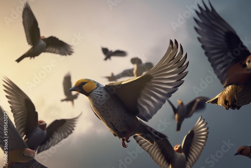 A detailed illustration of a group of birds in flight, Generative AI