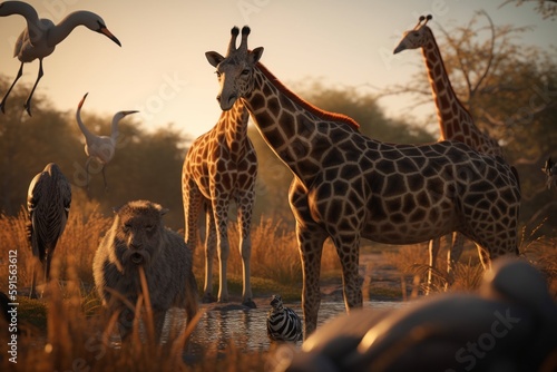 A detailed illustration of a group of wild animals in their natural habitat  Generative AI