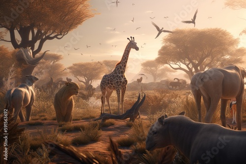 A detailed illustration of a group of wild animals in their natural habitat, Generative AI