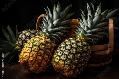 Pineapple, ananas, pineapples in a basket, fruit basket, generative ai, Fresh tasty fruit