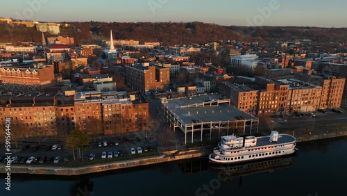 Aerial view of downtown Troy, New York and Hudson River at sunset - 2