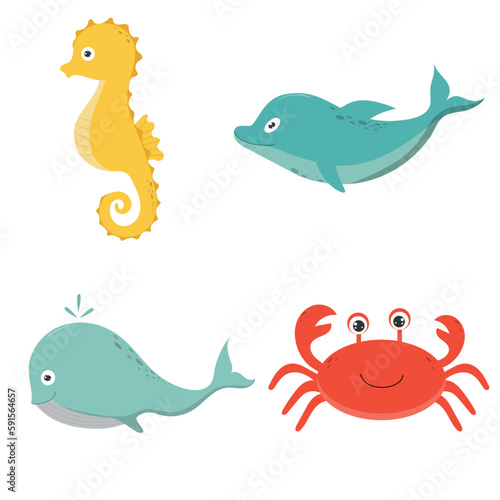 A set of sea animals in cartoon style. Vector set of seahorse, crab, dolphin and whale. Children's illustration.
