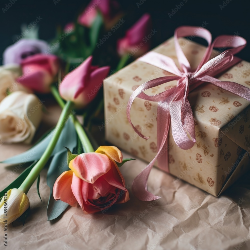 gift box with tulips and ribbon gift box with tulips and ribbon