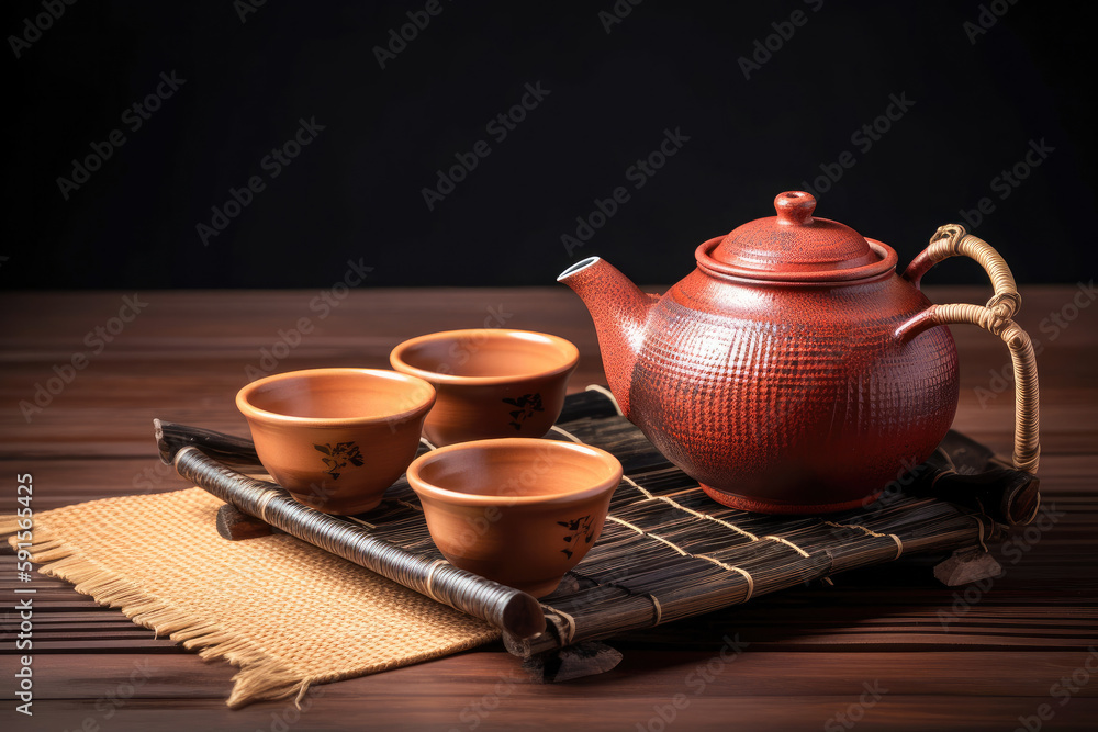 Asian tea set. Japanese teapot and cups on a bamboo tray. Generative AI