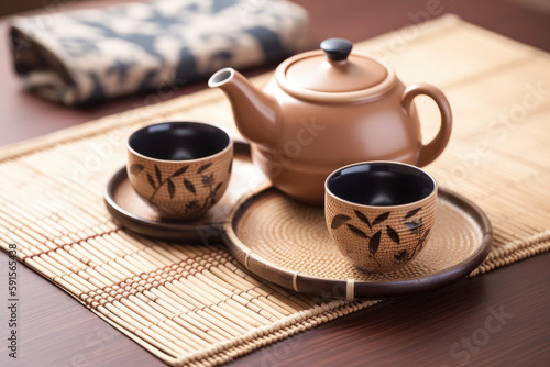 Asian tea set. Japanese teapot and cups on a bamboo tray. Generative AI