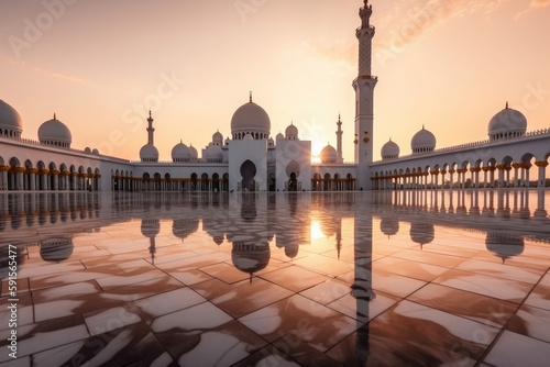 Abu Dhabi, UAE, Sheikh Zayed Grand Mosque in the Abu Dhabi, United Arab Emirates on a sunset. Generative AI