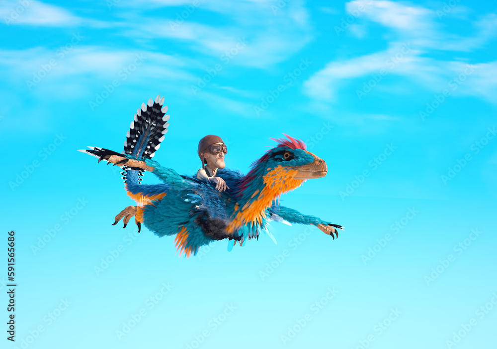 Fototapeta premium Man flies on a deinonychus.