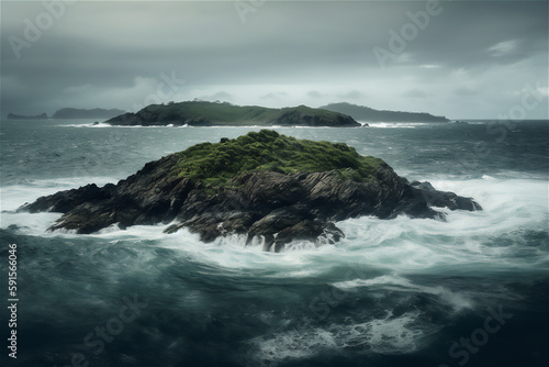 waves crashing on rocks, cyclone landscape with island at the horizon, generative ai © Loks