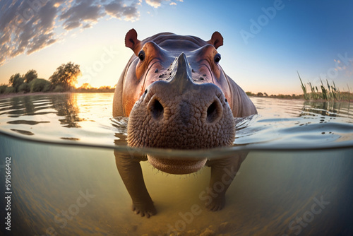 The hippo looks curious as it discovers the hidden wildlife camera in the water. Beautiful natural animal portrait with fisheye effect and selective focus. Made with generative AI.
 photo