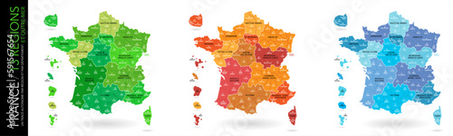 Carte de France / 13 régions et outre-mer avec départements, numéros et chefs-lieux / Un tracé autonome par zone)