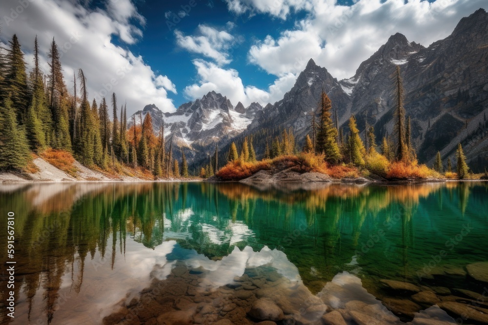 Gran Teton National Park, a stunning wilderness of majestic mountains, mirrored lakes, lush forests, and misty views, with generative AI technology