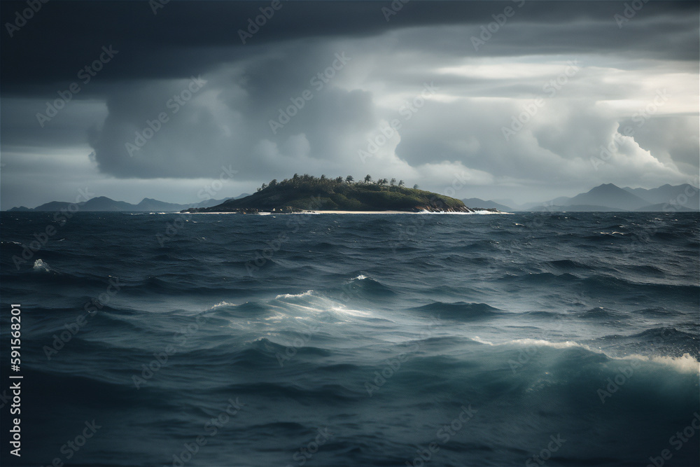 ocean landscape in storm with tropical island at the horizon,generative ai ocean landscape in storm with tropical island at the horizon,generative ai