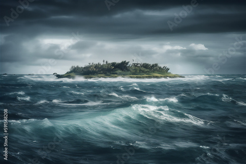 ocean landscape in storm with tropical island at the horizon,generative ai