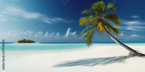 Palm tree on the sandy beach of a tropical island. Generative AI