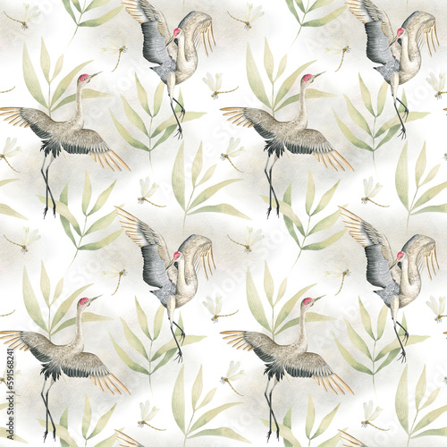 Bird-crane, dragonfly, foliage. Watercolor seamless pattern. Hand-drawn. Oriental print for fabric, packaging, wallpaper, postcards. © Fedulova_art