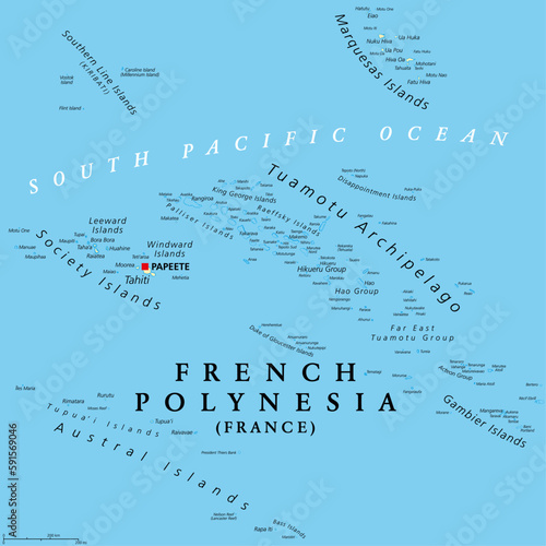French Polynesia, political map. Overseas collectivity of France, and its sole overseas country, in the South Pacific Ocean, with 121 islands and atolls, and capital Papeete, on the island of Tahiti.