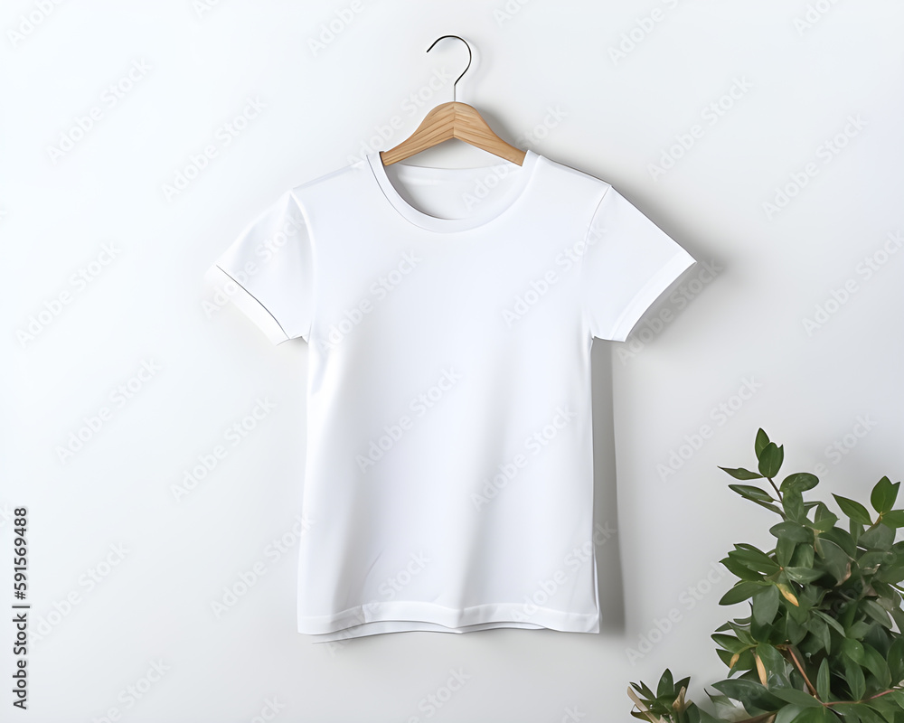 Clean and Minimal White T-Shirt Mockup on a Wooden Rail. Generative AI Clean and Minimal White T-Shirt Mockup on a Wooden Rail. Generative AI