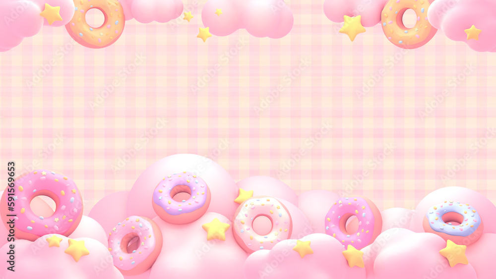 3d rendered sweet donuts and clouds frame on a plaid background. 3d rendered sweet donuts and clouds frame on a plaid background.