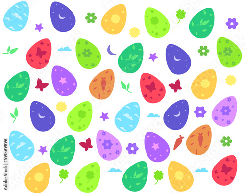 Easter Day decoration eggs pattern illustration. Eggs with spring symbols. Flower, moon, sun, cloud, plant symbols
