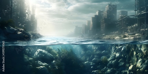 Underwater city in the context of the ocean. Global warming. 3d illustration. Generative Ai.